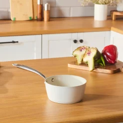 Clearance Swiss Crystal Almond Cream Non-Stick Induction Stainless Steel Handle Sauce Pan, 16cm, Cream Pans|Ceramic Cookware