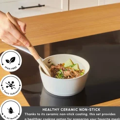 Clearance Swiss Crystal Almond Cream Non-Stick Induction Stainless Steel Handle Sauce Pan, 16cm, Cream Pans|Ceramic Cookware