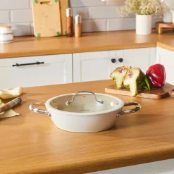 Best Swiss Crystal Almond Cream Non-Stick Induction Stainless Steel Handle Shallow Casserole & Lid, 26cm, Cream Pots|Ceramic Cookware