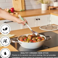 Best Swiss Crystal Almond Cream Non-Stick Induction Stainless Steel Handle Shallow Casserole & Lid, 26cm, Cream Pots|Ceramic Cookware