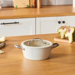 New Swiss Crystal Almond Cream Non-Stick Induction Stainless Steel Handle Casserole & Lid, 18cm, Cream Pots|Ceramic Cookware