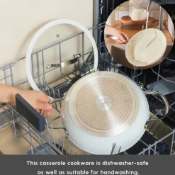 New Swiss Crystal Almond Cream Non-Stick Induction Stainless Steel Handle Casserole & Lid, 18cm, Cream Pots|Ceramic Cookware