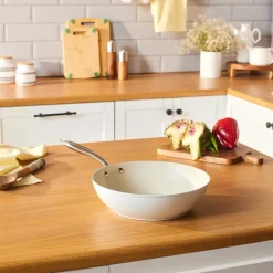 Best Swiss Crystal Almond Cream Non-Stick Induction Handle Wok, 28cm, Cream Pans|Ceramic Cookware