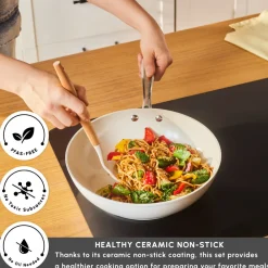 Best Swiss Crystal Almond Cream Non-Stick Induction Handle Wok, 28cm, Cream Pans|Ceramic Cookware