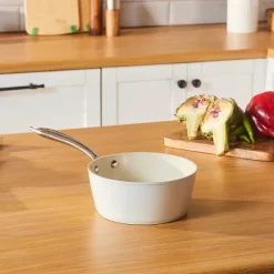 Clearance Swiss Crystal Almond Cream Non-Stick Induction Stainless Steel Handle Sauce Pan, 18cm, Cream Pans|Ceramic Cookware