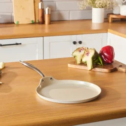 Sale Swiss Crystal Almond Cream Non-Stick Induction Stainless Steel Handle Pancake Pan, 28cm, Cream Pans|Ceramic Cookware