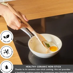 Outlet Swiss Crystal Almond Cream Non-Stick Induction Stainless Steel Handle Pan, 16cm, Cream Pans|Ceramic Cookware