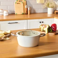 Swiss Crystal Almond Cream Non-Stick Induction Stainless Steel Handle Casserole & Lid, 20cm, Cream Pots|Ceramic Cookware