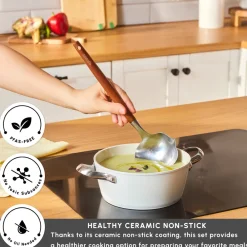 Swiss Crystal Almond Cream Non-Stick Induction Stainless Steel Handle Casserole & Lid, 20cm, Cream Pots|Ceramic Cookware