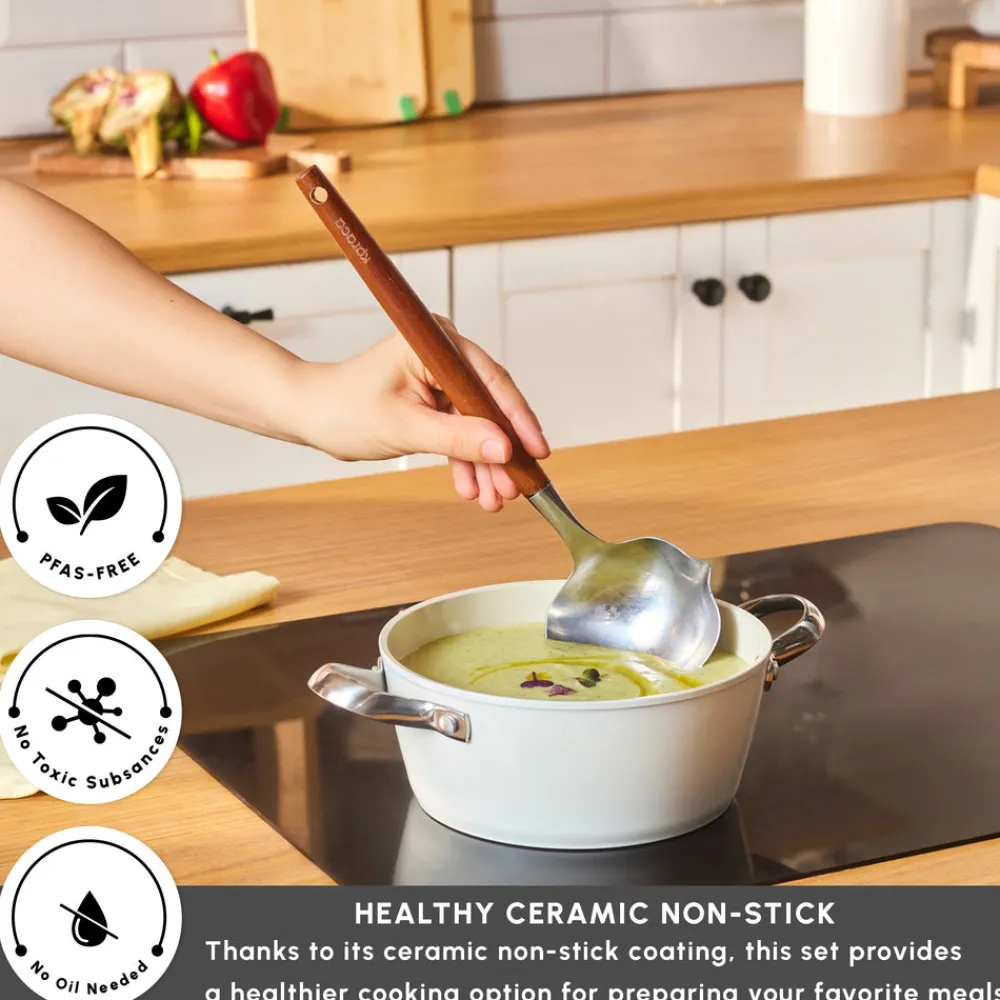 Swiss Crystal Almond Cream Non-Stick Induction Stainless Steel Handle Casserole & Lid, 20cm, Cream Pots|Ceramic Cookware