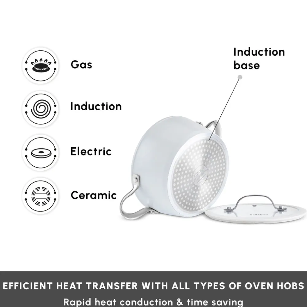 Swiss Crystal Almond Cream Non-Stick Induction Stainless Steel Handle Casserole & Lid, 20cm, Cream Pots|Ceramic Cookware