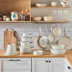 Swiss Crystal Almond Cream Non-Stick Induction Stainless Steel Handle Casserole & Lid, 20cm, Cream Pots|Ceramic Cookware