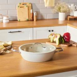 Discount Swiss Crystal Almond Cream Non-Stick Induction Stainless Steel Handle Shallow Casserole & Lid, 30cm, Cream Pots|Ceramic Cookware