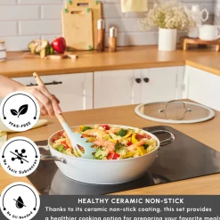 Discount Swiss Crystal Almond Cream Non-Stick Induction Stainless Steel Handle Shallow Casserole & Lid, 30cm, Cream Pots|Ceramic Cookware