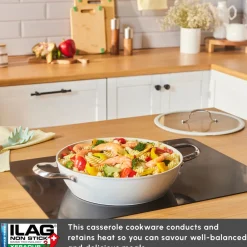 Discount Swiss Crystal Almond Cream Non-Stick Induction Stainless Steel Handle Shallow Casserole & Lid, 30cm, Cream Pots|Ceramic Cookware