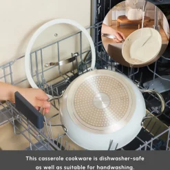 Discount Swiss Crystal Almond Cream Non-Stick Induction Stainless Steel Handle Shallow Casserole & Lid, 30cm, Cream Pots|Ceramic Cookware