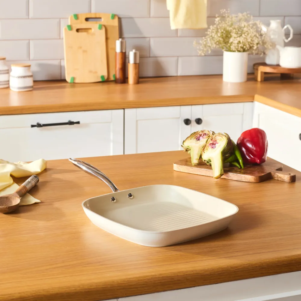 Hot Swiss Crystal Almond Cream Non-Stick Induction Stainless Steel Handle Grill, 28cm, Cream Pans|Ceramic Cookware