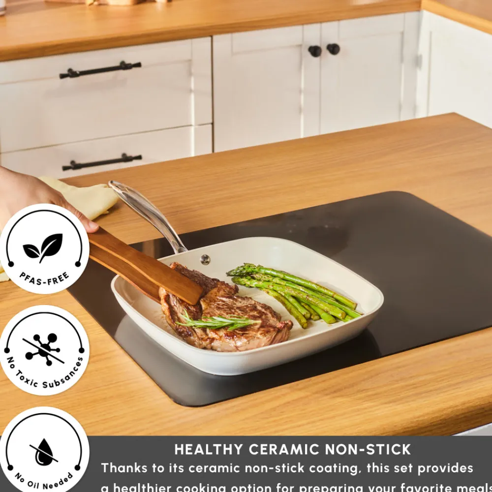 Hot Swiss Crystal Almond Cream Non-Stick Induction Stainless Steel Handle Grill, 28cm, Cream Pans|Ceramic Cookware