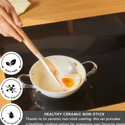 Discount Swiss Crystal Almond Cream Non-Stick Induction Stainless Steel Handle Shallow Pan, 16cm, Cream Pans|Ceramic Cookware