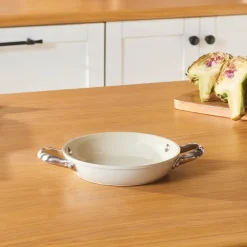 Hot Swiss Crystal Almond Cream Non-Stick Induction Stainless Steel Handle Shallow Pan, 18cm, Cream Pans|Ceramic Cookware