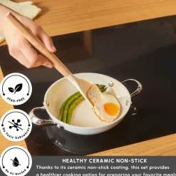 Hot Swiss Crystal Almond Cream Non-Stick Induction Stainless Steel Handle Shallow Pan, 18cm, Cream Pans|Ceramic Cookware