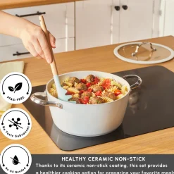 New Swiss Crystal Almond Cream Non-Stick Induction Stainless Steel Handle Casserole & Lid, 24cm, Cream Pots|Ceramic Cookware
