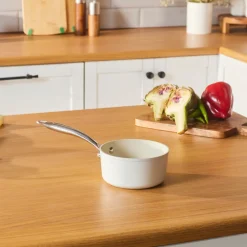 New Swiss Crystal Almond Cream Non-Stick Induction Stainless Steel Handle Sauce Pan, 14cm, Cream Pans|Ceramic Cookware