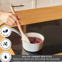 New Swiss Crystal Almond Cream Non-Stick Induction Stainless Steel Handle Sauce Pan, 14cm, Cream Pans|Ceramic Cookware