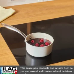 New Swiss Crystal Almond Cream Non-Stick Induction Stainless Steel Handle Sauce Pan, 14cm, Cream Pans|Ceramic Cookware