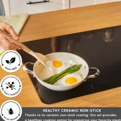 Best Swiss Crystal Almond Cream Non-Stick Induction Stainless Steel Handle Shallow Pan, 20cm, Cream Ceramic Cookware|Pans