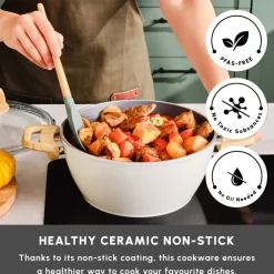 Swiss Crystal Non-Stick Induction Stockpot with Lid, 24cm, Creamy Ceramic Cookware