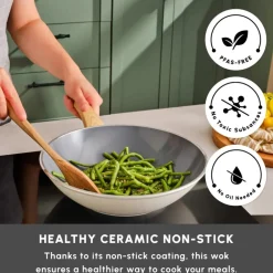 Swiss Crystal Non-Stick Induction Wok Pan, 28cm, Creamy Ceramic Cookware