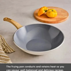 Swiss Crystal Non-Stick Induction Wok Pan, 28cm, Creamy Ceramic Cookware