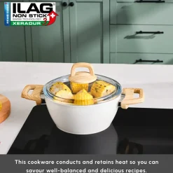 Best Swiss Crystal Non-Stick Induction Stockpot with Lid, 20cm, Creamy Ceramic Cookware