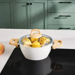 Best Swiss Crystal Non-Stick Induction Stockpot with Lid, 20cm, Creamy Ceramic Cookware