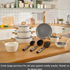 Best Swiss Crystal 15-Piece Non-Stick Induction Cookware Set, Creamy Ceramic Cookware