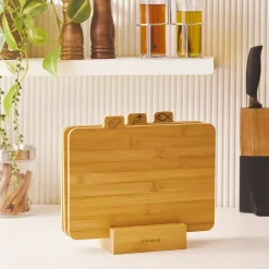 Triple 4-Piece Bamboo Chopping Board Set with Stand, Wood Chopping Boards