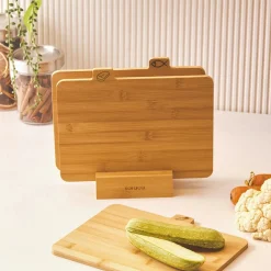Triple 4-Piece Bamboo Chopping Board Set with Stand, Wood Chopping Boards
