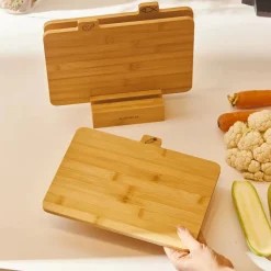 Triple 4-Piece Bamboo Chopping Board Set with Stand, Wood Chopping Boards
