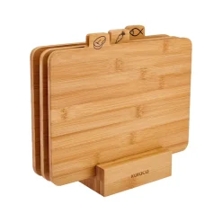 Triple 4-Piece Bamboo Chopping Board Set with Stand, Wood Chopping Boards