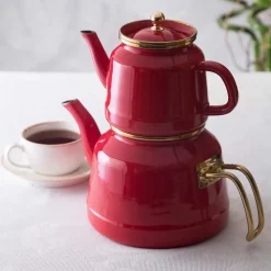 Troy Enamel Induction Teapot, 28cm, Red Gold Turkish Coffee Pots|Turkish Teapots