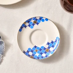 Best x Refika'dan Tatlıcan Selcuklu Porcelain Tea Plate, Blue White Turkish Tea Sets