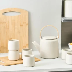 Sale Yuuki 7-Piece Ceramic Tea Cup Set for 6 People, Beige Tea Set