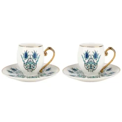 İznik 4-Piece Porcelain Espresso Turkish Coffee Cup Set for 2 People, 80ml, White Blue Espresso & Turkish Coffee Cup Sets