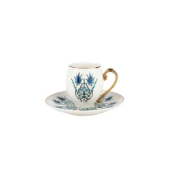 İznik 4-Piece Porcelain Espresso Turkish Coffee Cup Set for 2 People, 80ml, White Blue Espresso & Turkish Coffee Cup Sets
