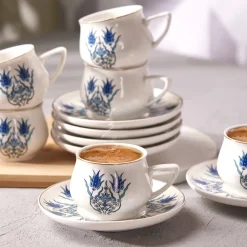New İznik 12-Piece Porcelain Espresso Turkish Coffee Cup Set for 6 People, 100ml, Multi Espresso & Turkish Coffee Cup Sets