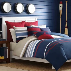 Clearance Nautica Home Bradford 100% Turkish Cotton Duvet Cover Set, Single, 140cmx200cm, Navy Blue Multi Duvet Cover Sets
