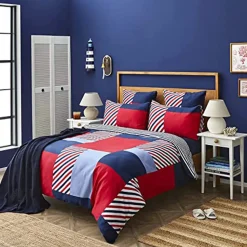 Clearance Nautica Home Morris 100% Cotton Duvet Cover Set, Single, 140cmx200cm, Navy Blue Multi Duvet Cover Sets